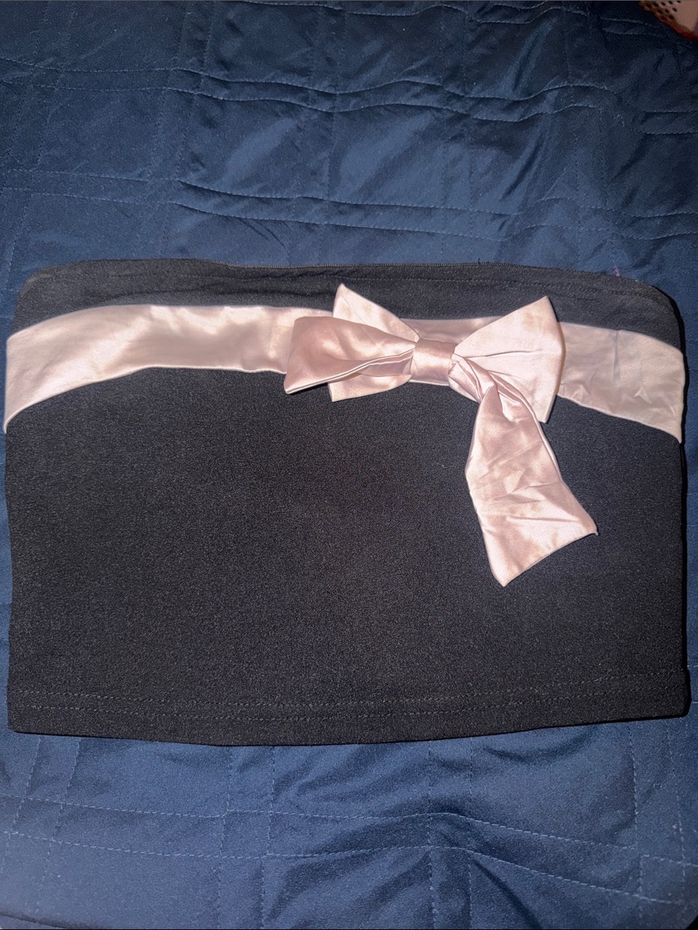 SHEIN Black Strapless Crop Top with Pink Satin Bow